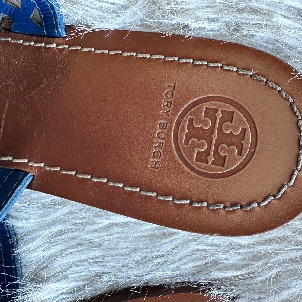 Tory Burch Blue mesh double T logo Sandals cut out flip flop - Picture 10 of 11